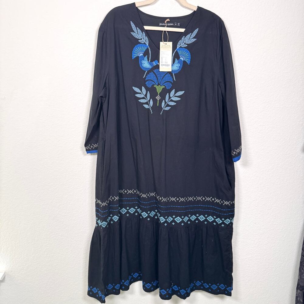 Gudrun Sjoden Womens Madame Kleid Embroidered Dress Size XL Lagenlook Bird Blue